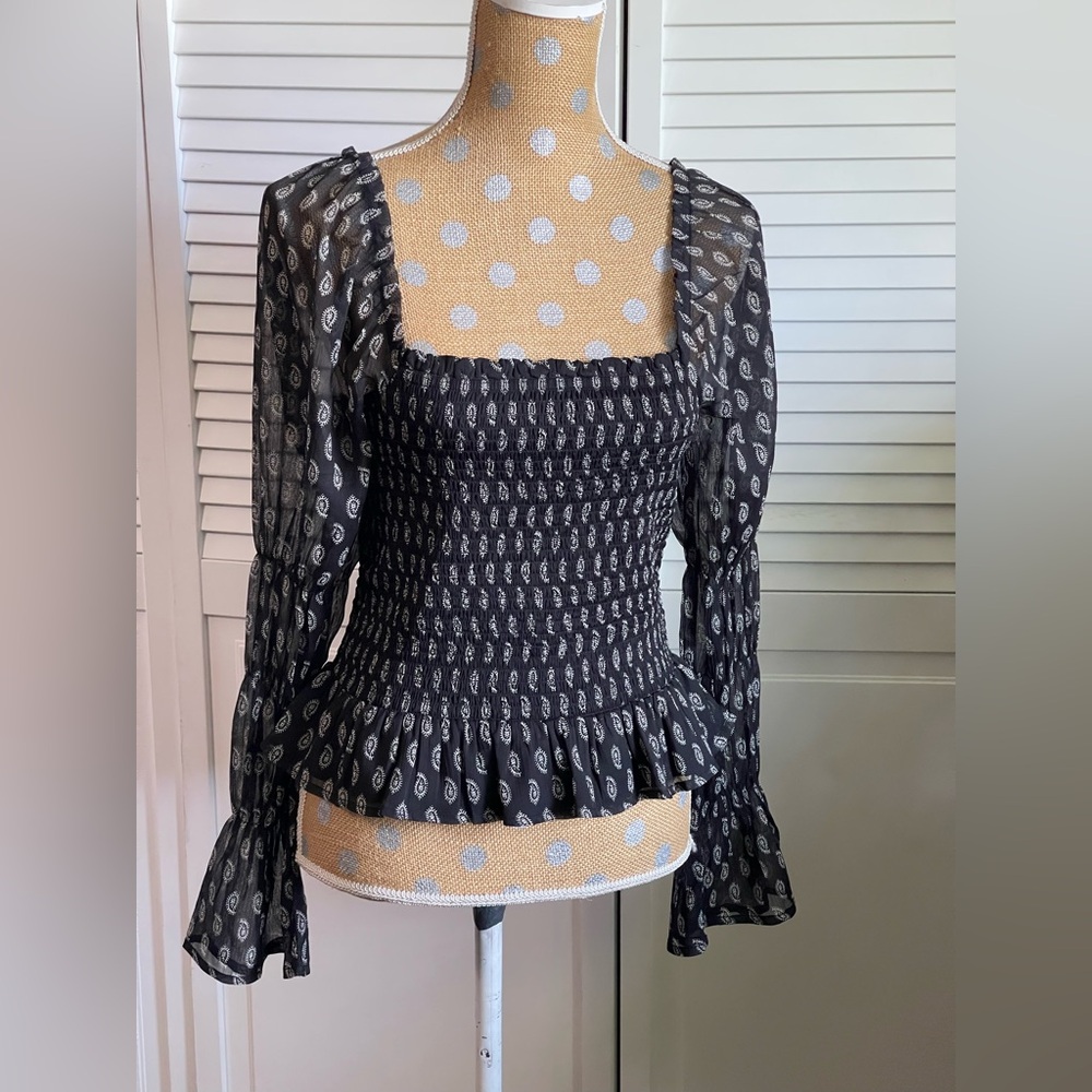 Patron of peace, sheer black with print ruffled top Sz M